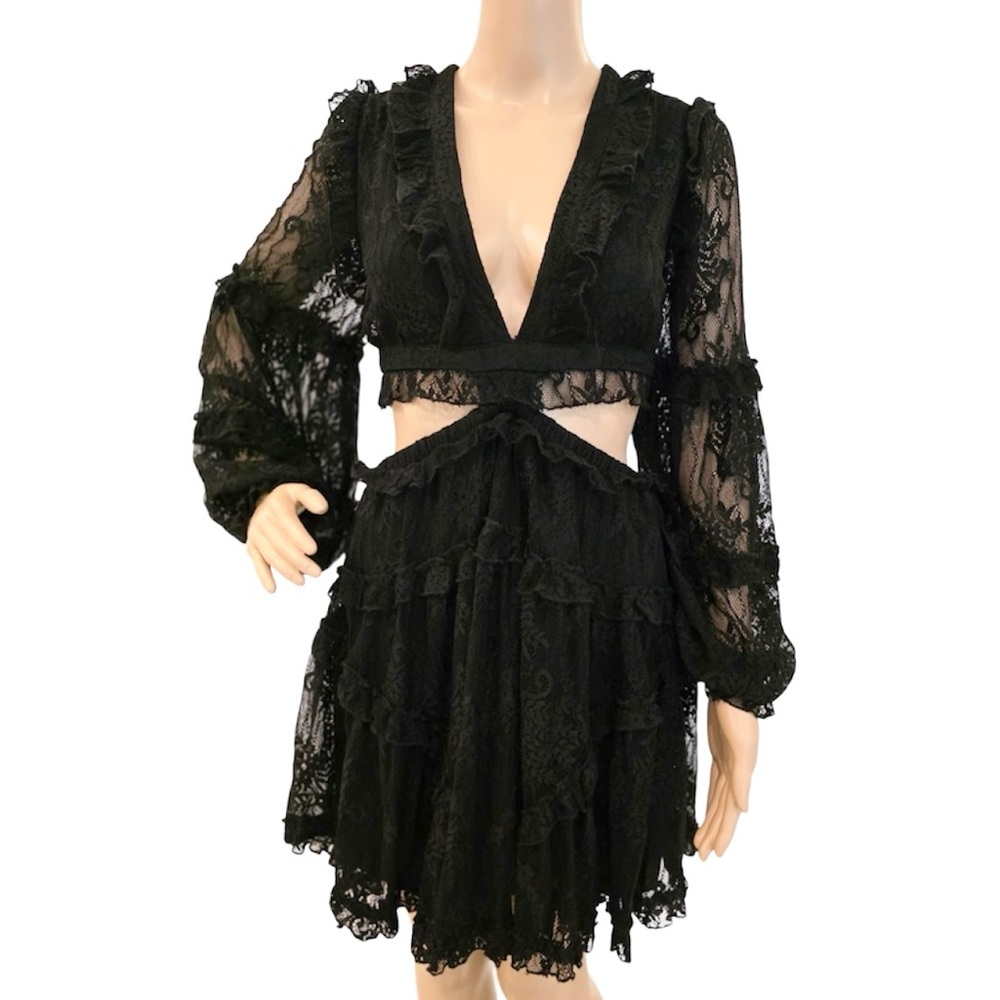 Luxxel Black Lace Cut Out Dress With Long Sleeves